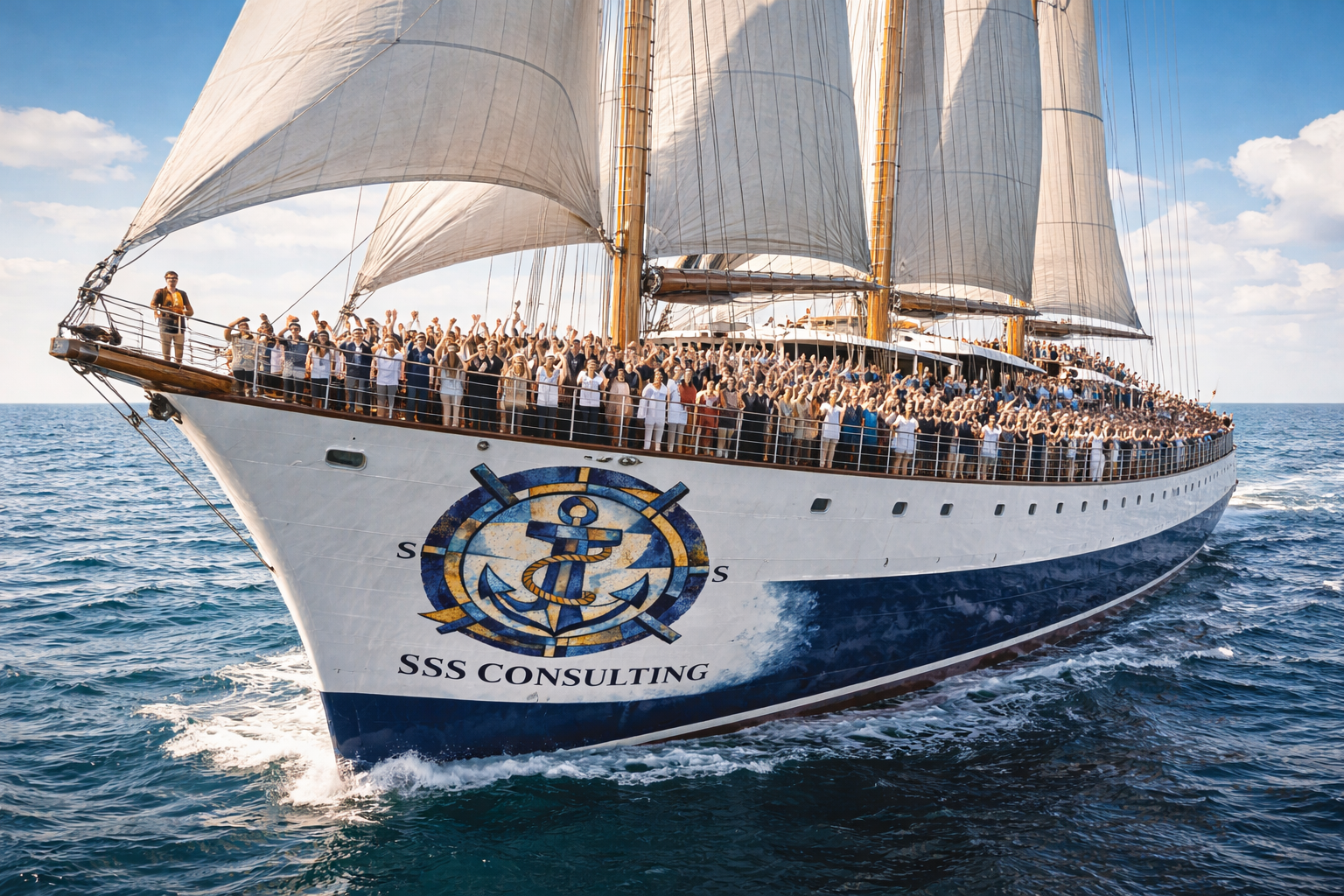 Die SSS Consulting Mannschaft auf einem Segelschiff